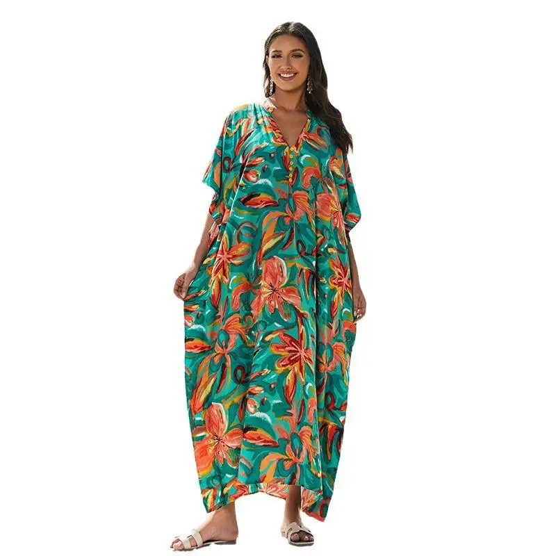 

Kaftan Dress Cover Ups for Women, Swimwear, Beach Outlet, Printed Smock, Cotton, Green and Orange, Up Costumes, Summer, 2024