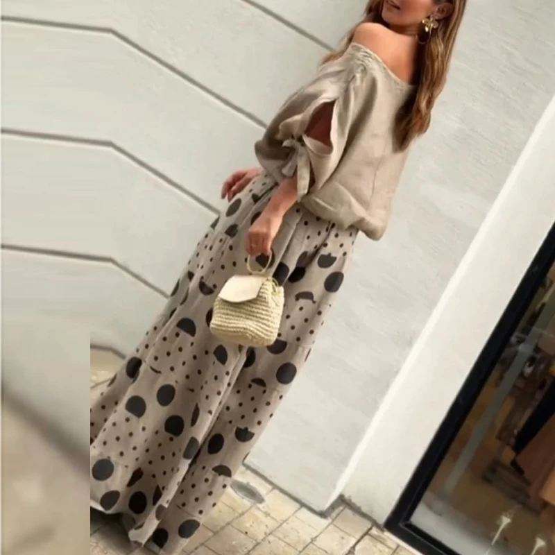 Spring Summer Hollow Out Office Outfit Women Sexy Skew Collar Tie-up Top Pullover & Polka Dot Print Pants Set Vintage Loose Suit