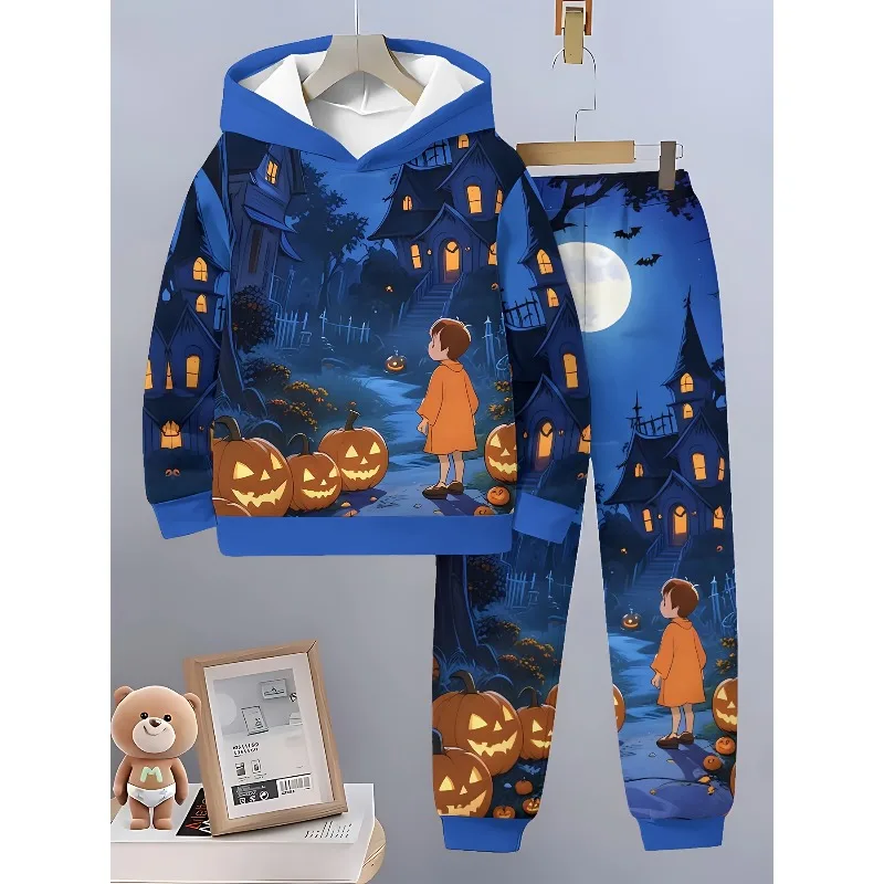 2025 2 قطعة موضة ثلاثية الأبعاد مطبوعة هالوين الخفافيش نمط هوديي غير رسمي الربيع/الخريف ملابس رياضية بأكمام طويلة #1