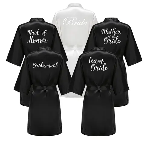 Robe feminino preto de cetim de seda, roupão de casamento, festa de noiva, dama de honra, kimono, loungewear