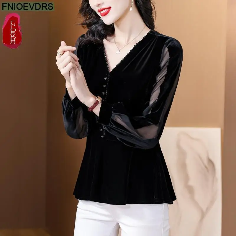 S-3XL Black Velvet Top Women Autumn Winter French Design Elegant Office Lady Work Button Shirt Casual Slim Retro Peplum Blouses