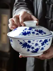 Chinese Ceramic Bowl With Lid Blue And White Soup Rice Noodles Bowl Household Tablewear