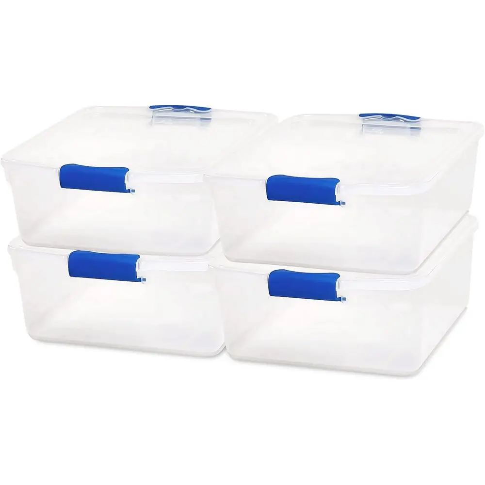 

4-Pack 15.5 Quart Latching Lid, Clear Plastic Storage Organizer Bins, Blue – Stackable Containers for Home & Office Shelves, Kit
