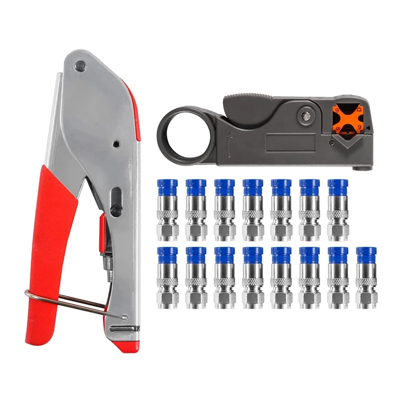 Coax Cable Crimper Kit Tool Coaxial Compression Tool Kit Cable Crimping Tool For RG6 RG59 With 15Pcs F RG6 RG59 Connectors