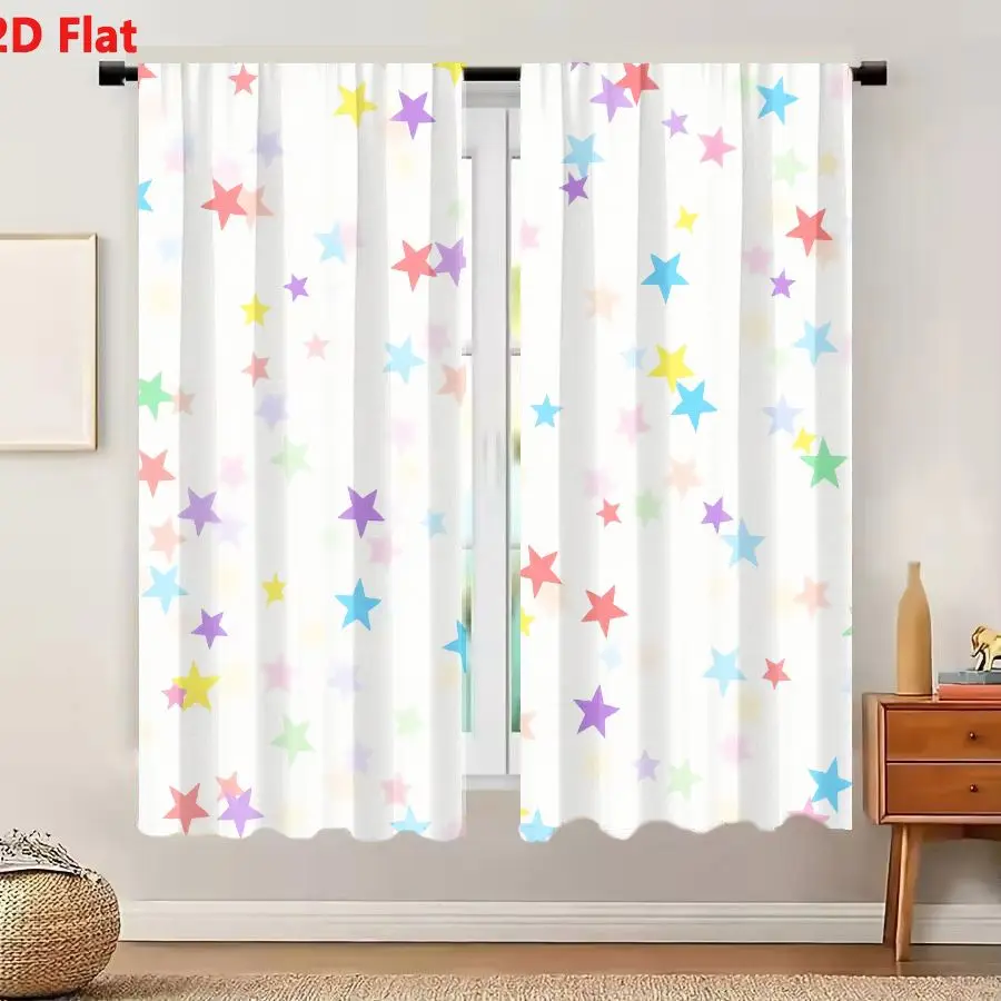 2Pcs Curtains 2D Flat Cheerful Seamless Pattern With Pastel Stars And Bokeh On Cream Background Window Drapes for Bedroom Room D