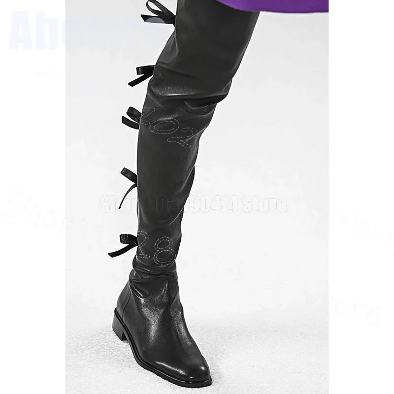 

Black Bow Knot Decor Matte Leather Runway Boots Side Zipper Women Shoes Low Top Fashion Party Banquet 2025 Zapatos Para Mujere