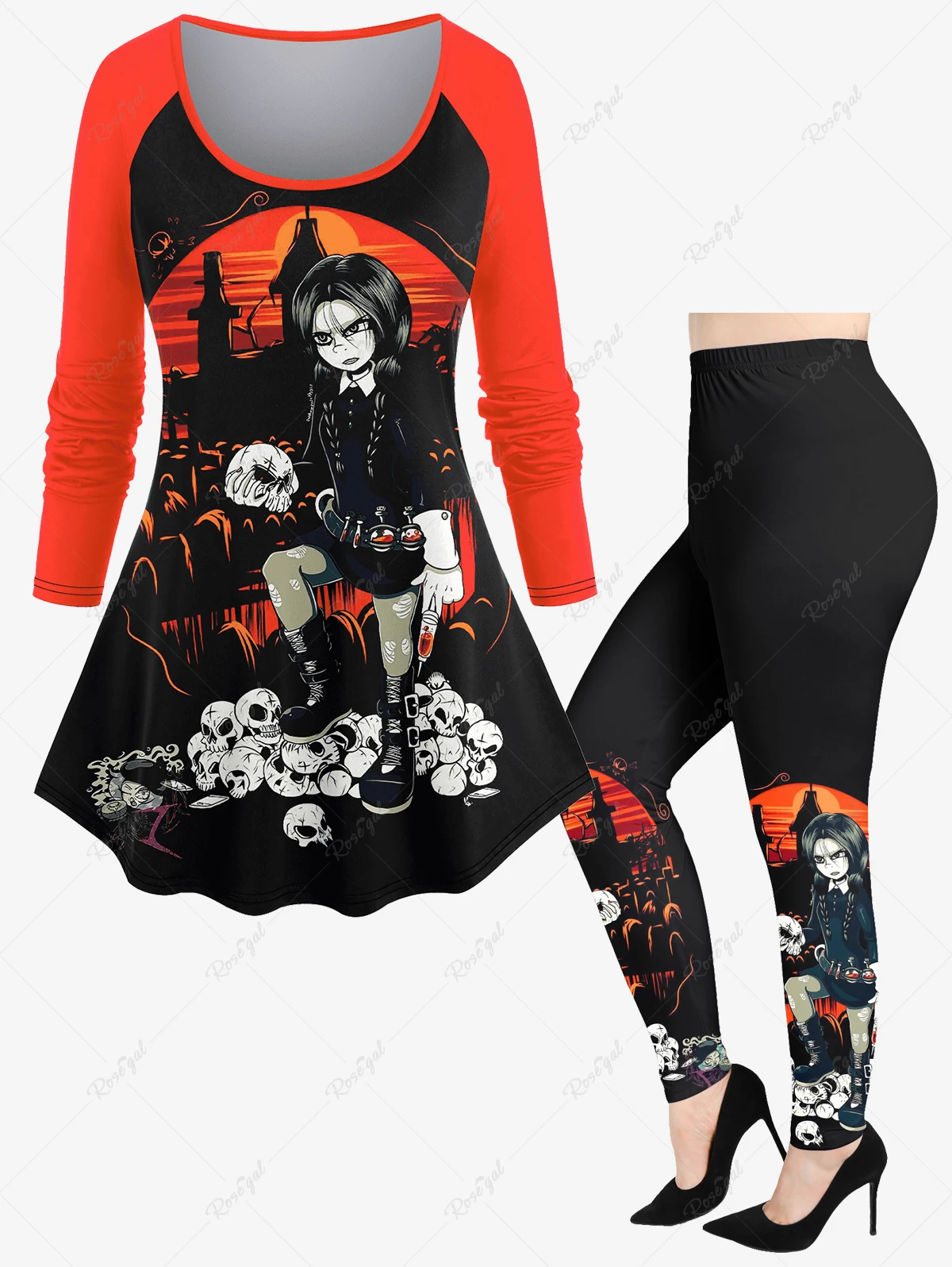 Plus Size For Women Halloween Skulls Girl Cross Colorblock Printed T-shirt Or Leggings Autumn Winter New Casual Matching Set