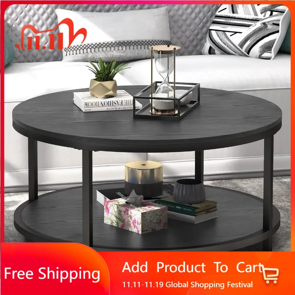 Simple industrial 35.8-inch circular coffee table with storage rack and sturdy metal legs, black, easy to assemble