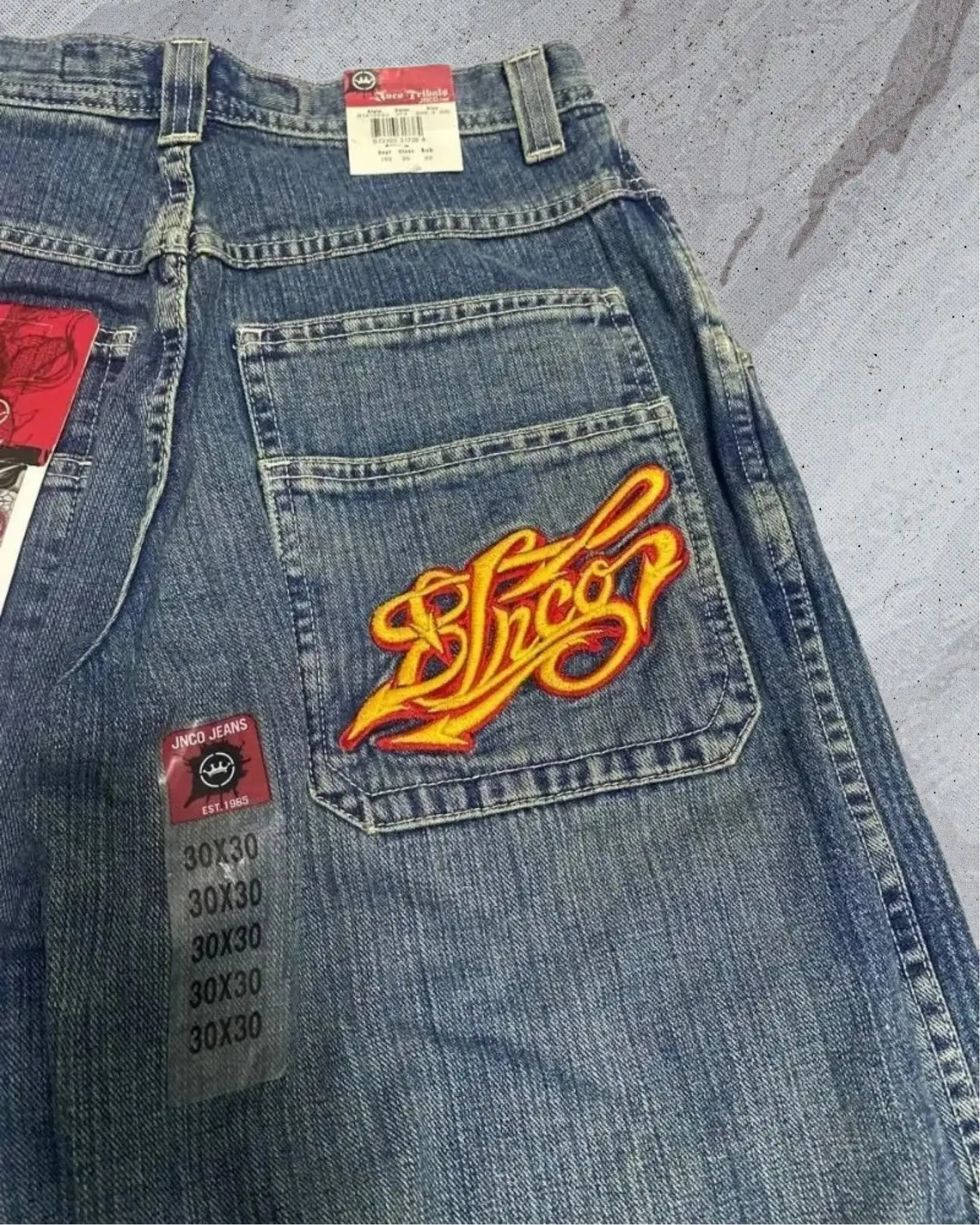 Hip Hop Retro Harajuku Street JNCO Jeans saku bordir Denim longgar celana kaki lebar pria mode baru celana lurus pinggang tinggi