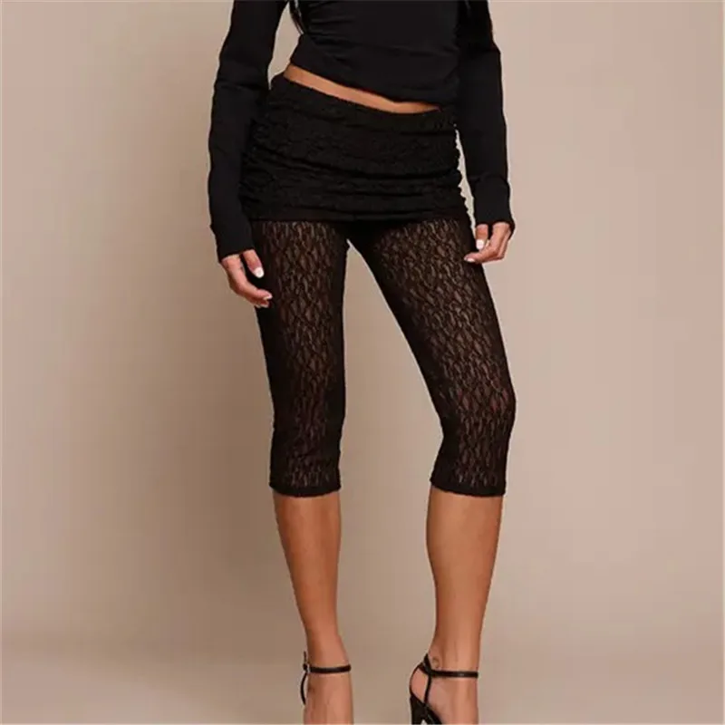 

Overlay See Through Mesh Capri Pants Women Lace Cropped Leggings with Skirt High Waist Ruched Summer Casual Streetwear