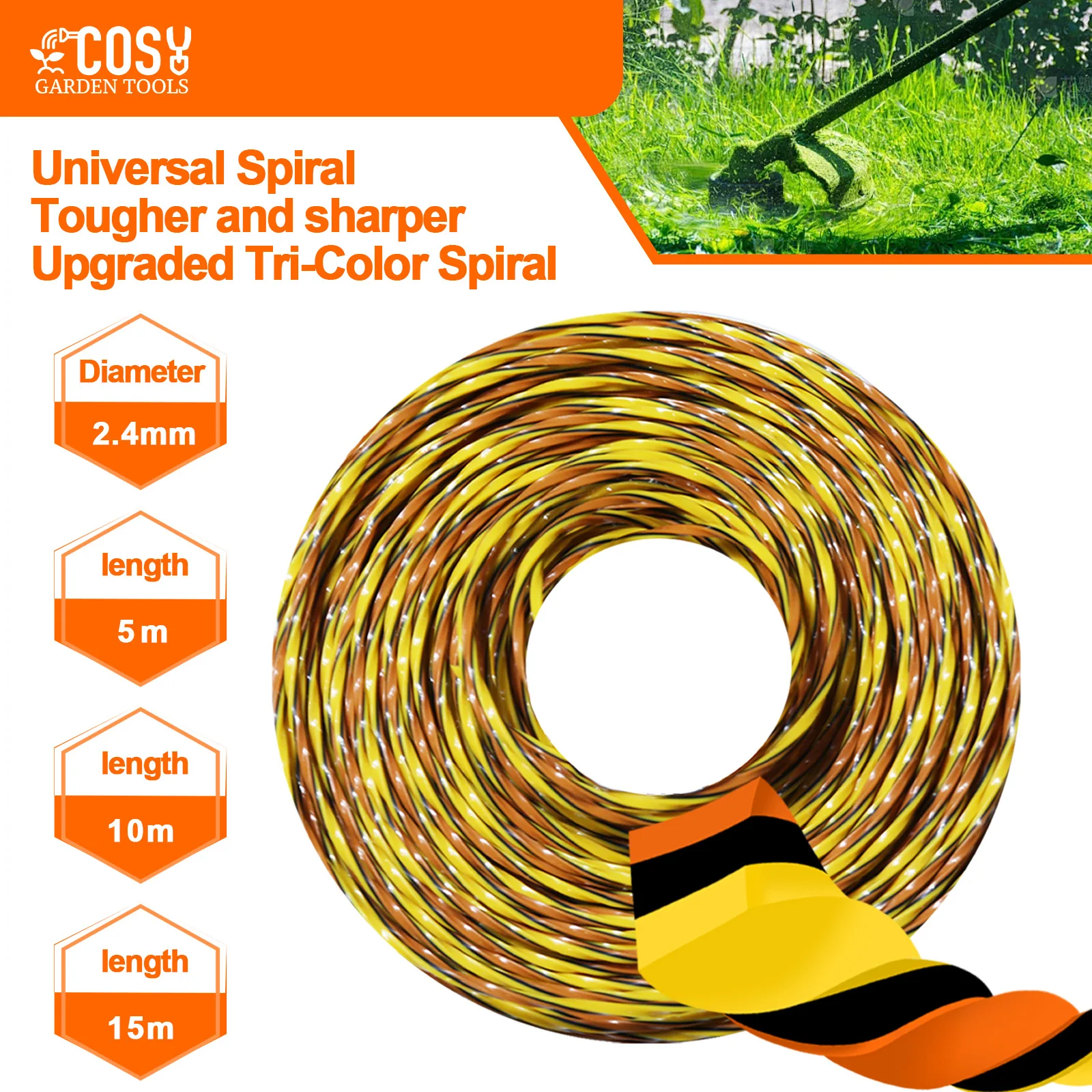 COSY-Tricolor Praça Twist Grass Trimmer Line, Nylon Escova Cortador Corda, Cortador de Gramado Lâmina, Acessório Cabeça, 15m, 10m, 5m x 2,4mm