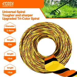 COSY-Tricolor Praça Twist Grass Trimmer Line, Nylon Escova Cortador Corda, Cortador de Gramado Lâmina, Acessório Cabeça, 15m, 10m, 5m x 2,4mm