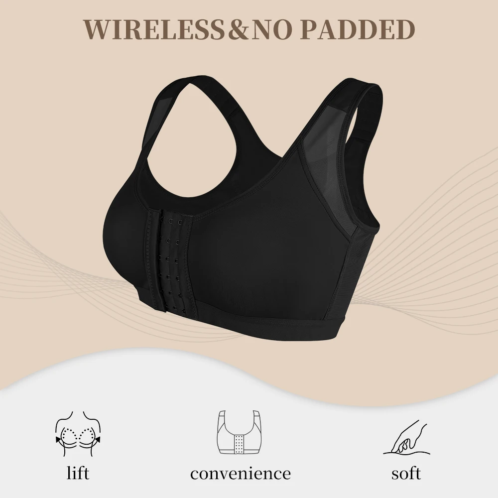 Postoperativer Kompressions-BH für Frauen mit Vorderverschluss, Drahtloser Sport-BH mit Rückenstütze, Komfortabler Bustier – Detail 2
