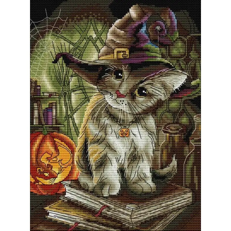 Cat Wizard Animal Cross Stitch Kit Aida 14ct 16ct 11ct Counted Printed Fabric Needle and Thread Embroidery DIY Needlework Crafts