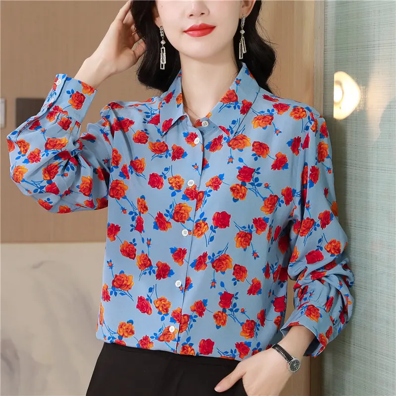 New Spring Autumn Women Turn-down Collar Long Sleeve Shirt High Quality Elegant Flowers Print Sand-Washing Silk Shirt Women Tops