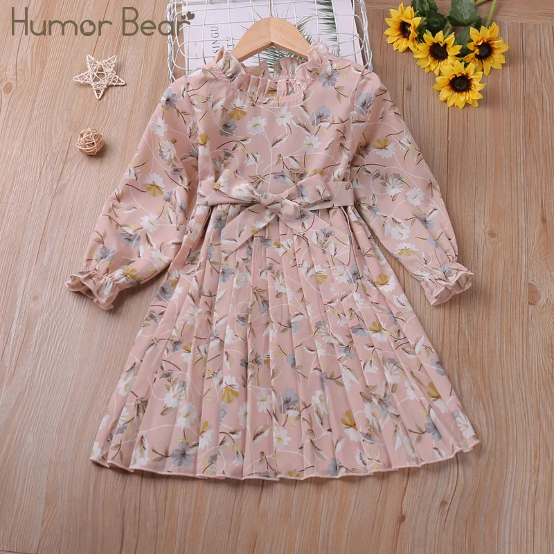 Humor Bear Girls Dress 2023 Autumn  Long Sleeve Floarl Printed  Sweet  Dresses  Warm Christmas Toddler Clothes  With Bow Belt