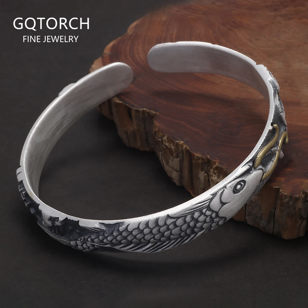 

999 Pure Silver Fish Open Cuff Bracelet for Men Women Lotus Engraved Vintage Retro Bangle Fengshui Ethnic Style Jewelry
