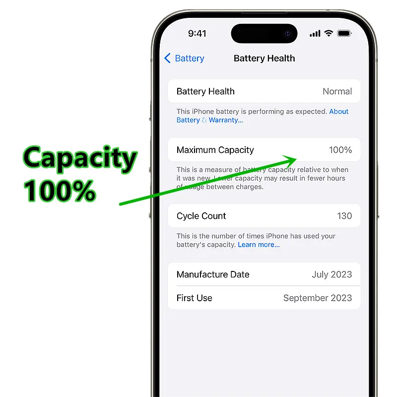 Battery for iPhone 12 Pro Max 13 13Mini 14 Plus 15Plus 15ProMax Settings iOs18 No Pop-up Message Health 100% ,Show “USED” image 3