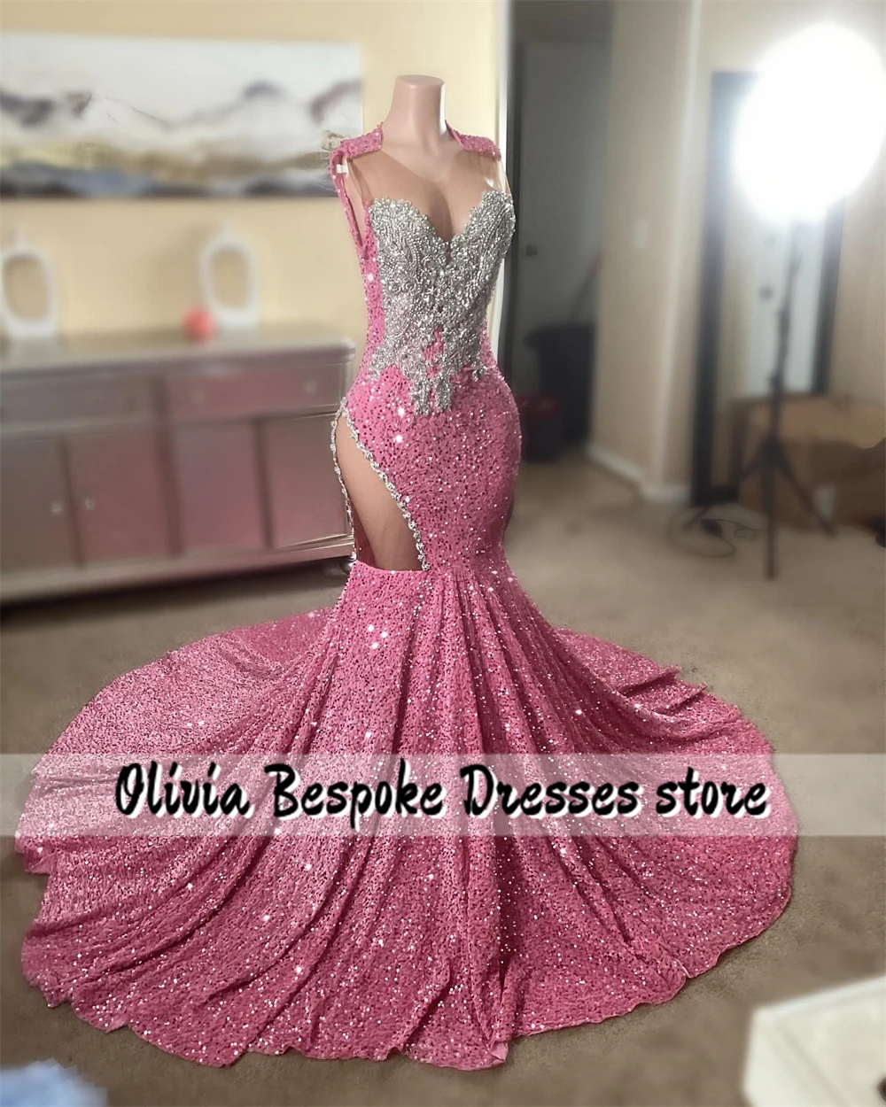 Pink Sequin Silver Rhinestone Mermaid Prom Dresses Beaded See Thru 2025 Birthday Luxury CustomizedFor Black Girls Customized