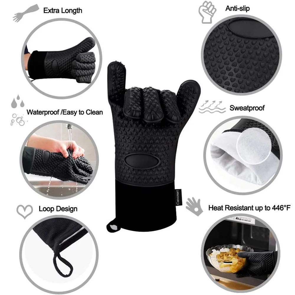 Long Thick Silicone Gloves Heat-resistant Non-slip Microwave Oven Mitts Kitchen BBQ Baking Cooking Canvas Stitching  Oven Gloves