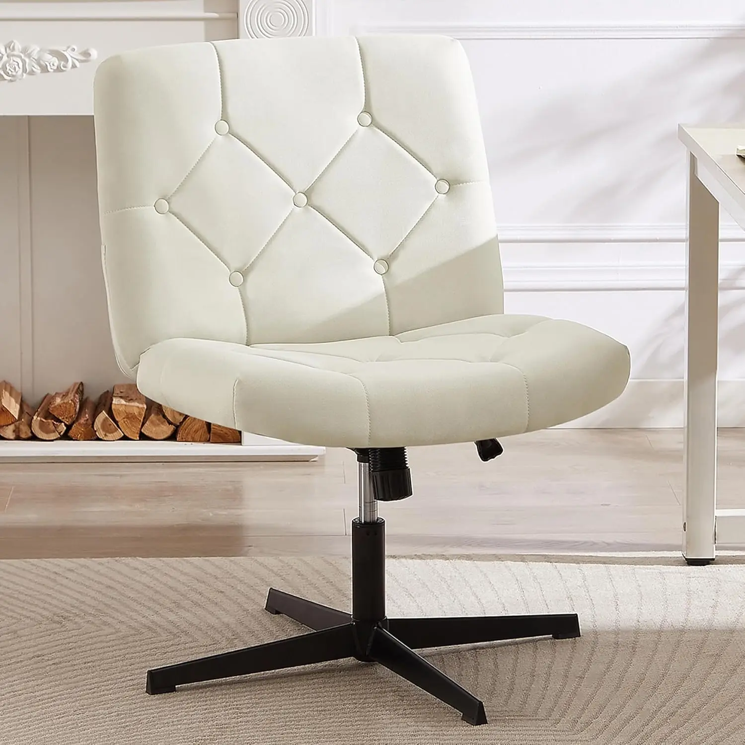 

Criss Cross Arml Office Desk Chair No Wheels Comfy Wide Fabric Padded, Modern Swivel & Height Adjustable For Home/Bedrood/Make