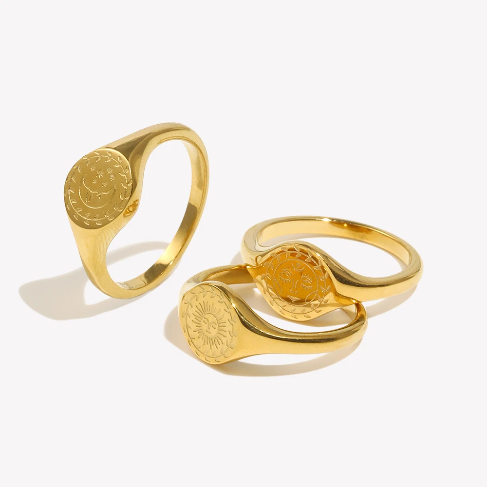 E.B.belle Anillo chapado en oro con expresión Facial con águila creativa de luna, sol, estrella, sin deslustre, anillo de sello de diosa de acero inoxidable