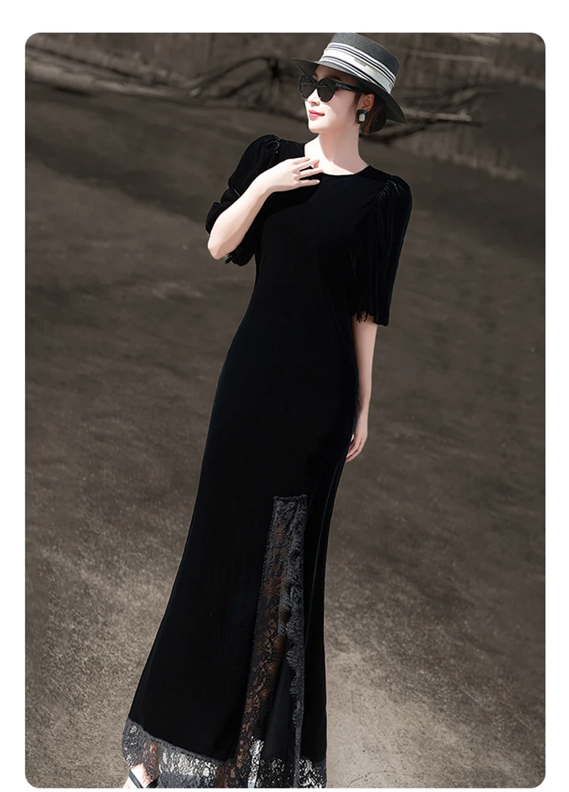 فستان نسائي مخملي من الحرير الطبيعي النقي بأكمام قصيرة ورقبة دائرية، يتميز بقطع قماش من الدانتيل، فستان طويل أنيق على الطراز النبيل. #4