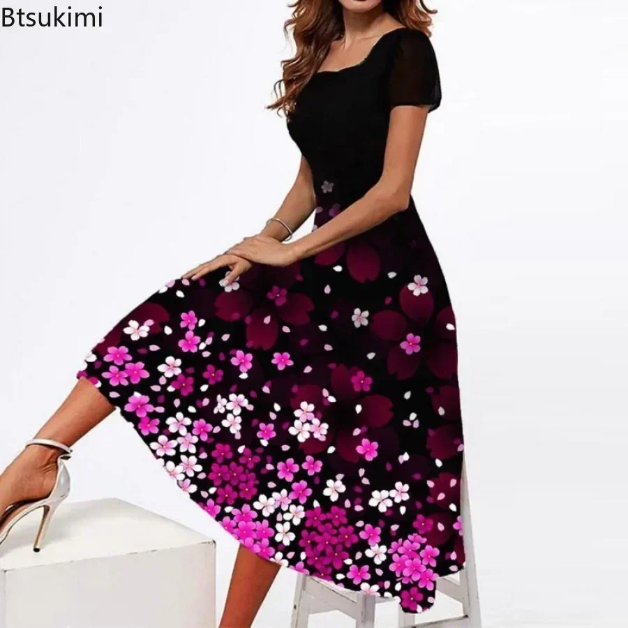 2026 Women\'s Summer Casual Dress Floral Print Square Neck Ladies\' Evening Party Dress Vintage Long Dress Female A-Line Vestidos