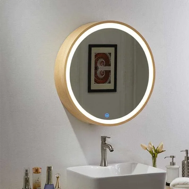 Frame Round Smart Mirrors Bathroom Makeup Mirror with Light Wall Lighted Vanity Dimmable Touch Switch Wooden Dressing Mirror