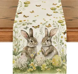 Easter Bunny Eggs Butterfly Floral Linen Table Runner Holiday Party Decor Spring Kitchen Dining Table Runner Easter Decorations
