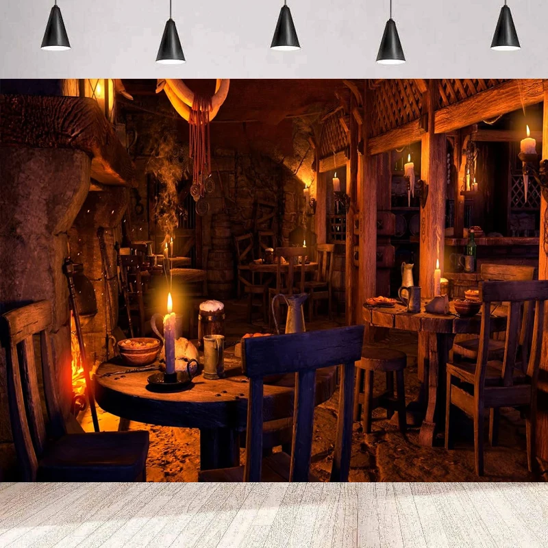 Photography Backdrop Wooden Interior Candle Light Fireplace Medieval Ancient Tavern Inn Bar Restaurant Party Background Wall