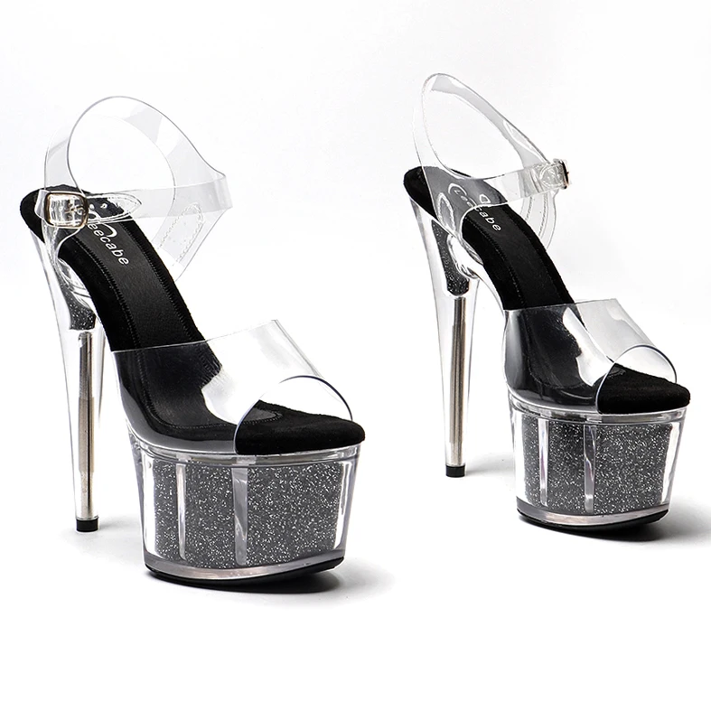 

Leecabe 17CM/7Inch Bling Sequins Fashion Shoes Transparent High Heels Sexy Platform Sandals Nightclub Catwalk women Shoes1L