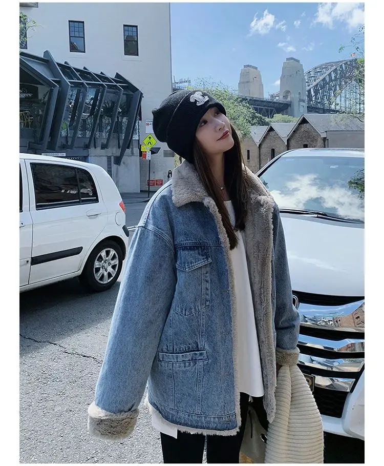 

Джинсовое пальто для женщин с хутряной толстовкой, плюшевое женское зимнее пальто с резным вырезом в стиле гранж, музыкальный фестиваль, анти-запах, с капюшоном, регулируемый OL