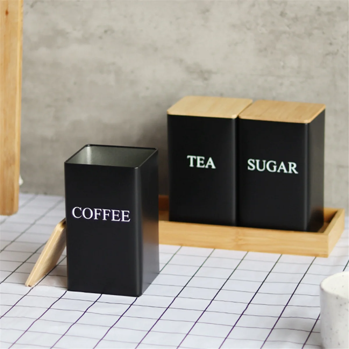 NEW 3Pcs Three-Piece Sealed Cans Simple Style Bamboo Lid Iron Tea Can Snack Storage Coffee Bean Square Can,Black