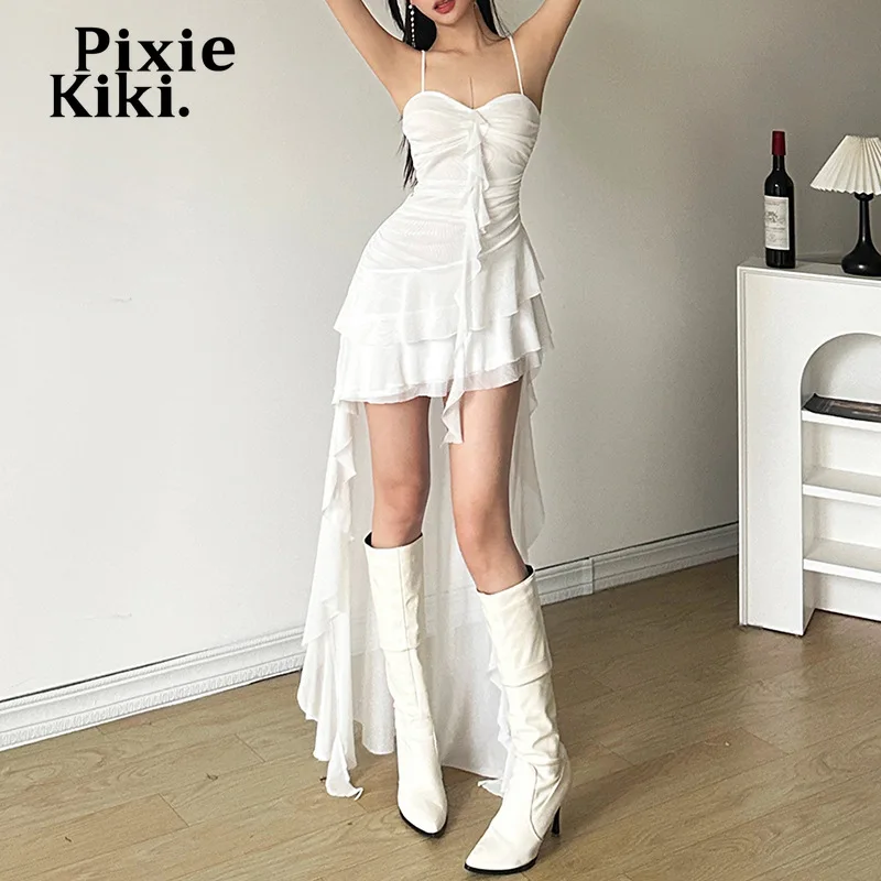 PixieKiki Y2k Sexy Mesh Ruffle Irregular High Low Dress White Black Sleeveless Long Dresses Summer Clothes Women 2024 P94-EZ30