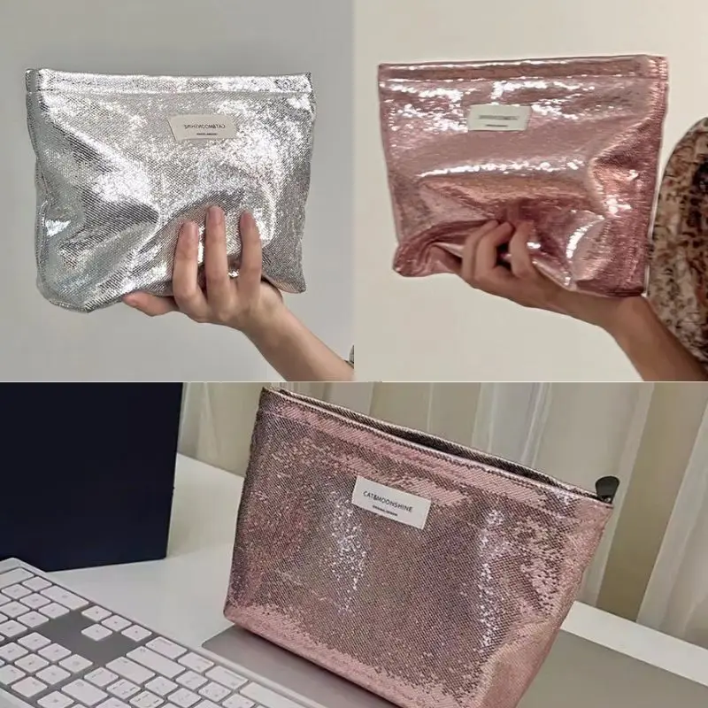 Large Capacity Shiny Sequins Silver Champagne Cosmetic Bags Makeup Bag Portable Women Travel Storage Bag Makeup Organizer Case