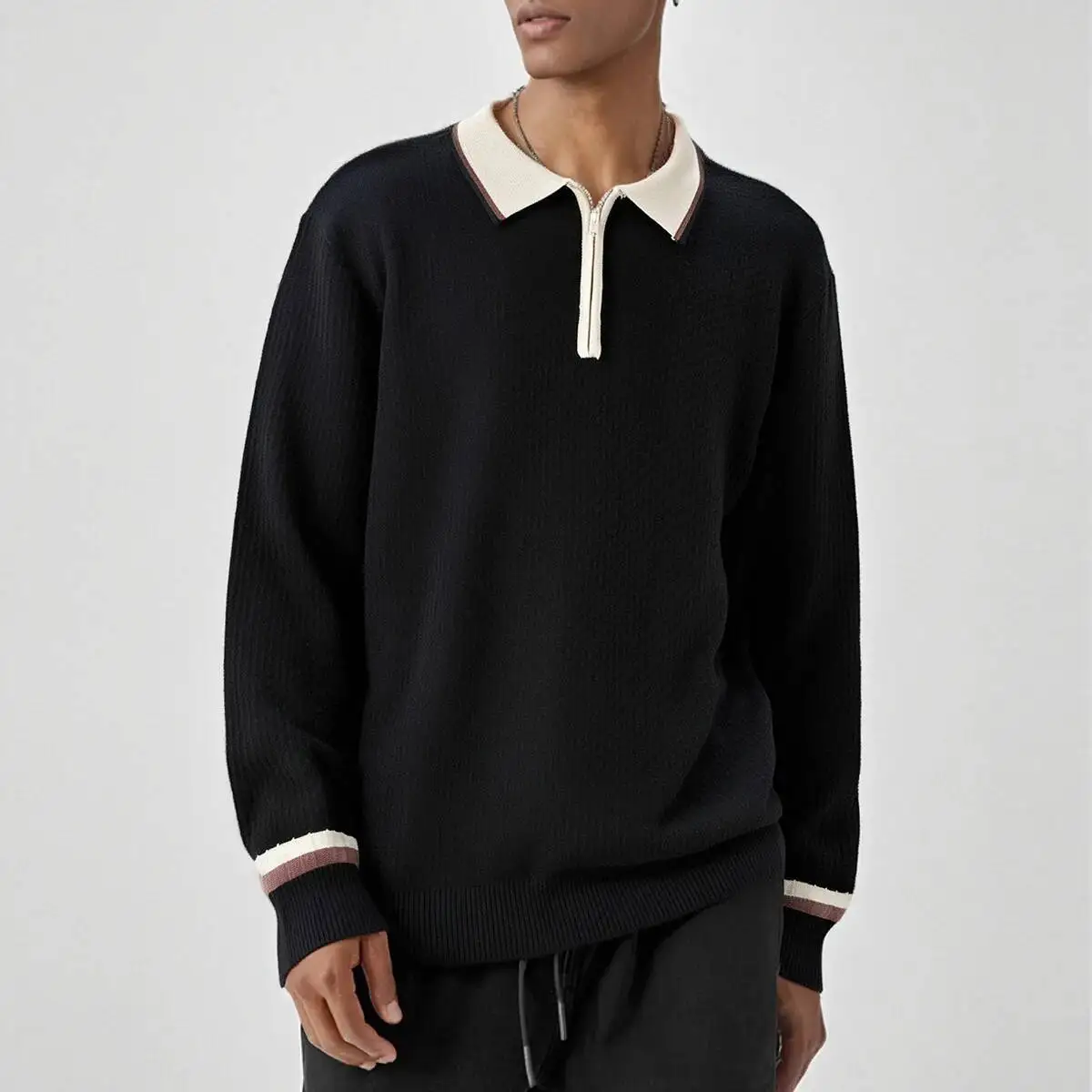 Autumn Men's Knitting Sweater With Zippered Neckline Contrast Color Lapel Design High End Fashionable Style