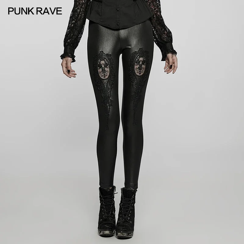 

PUNK RAVE Women's Gothic Daily Hollow Out Applique Leggings Simple Design Easy To Match Club Black Pants Women