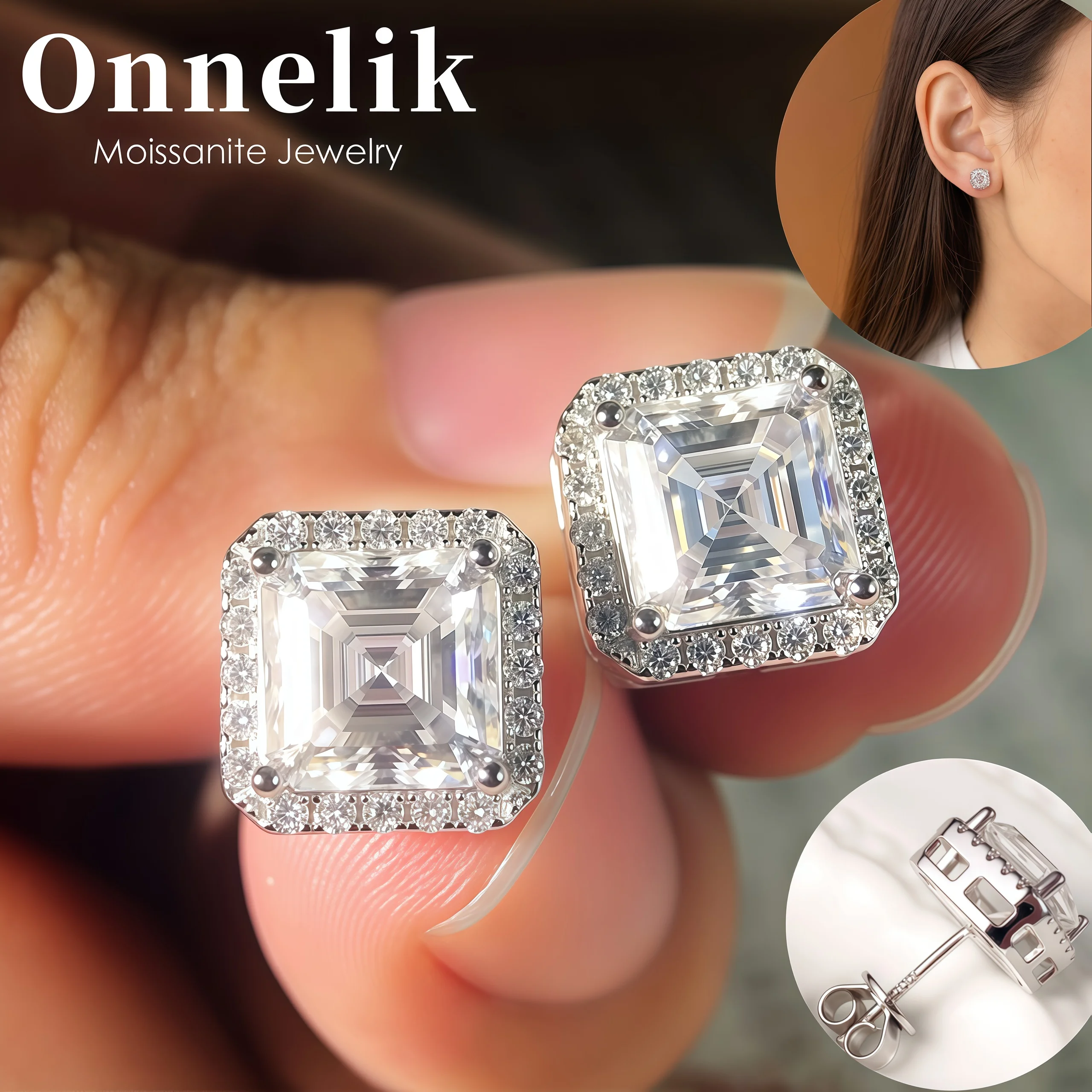 

Onnelik S925 Sterling Silver 2CT Asscher Cut Moissanite Earrings Studs Luxury Elegant Jewelry Gift for Women Men Birthday Party