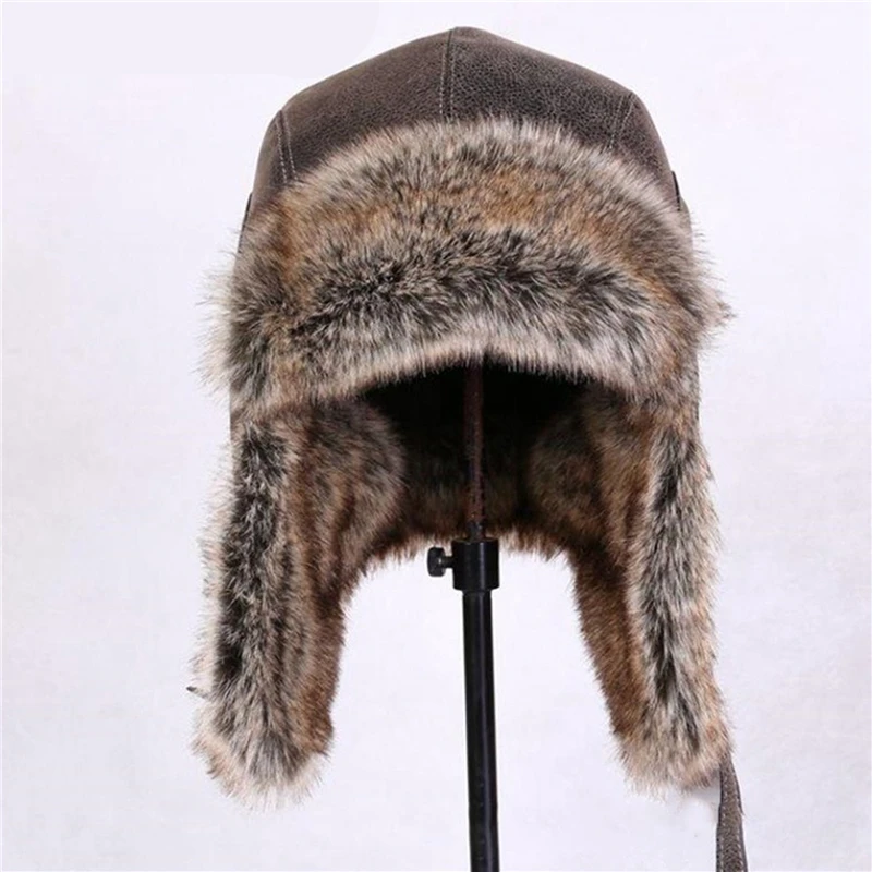 Winter Hat Men Women\'s Pilot Aviator Bomber Trapper Hat Faux Fur Leather Snow Cap With Ear Flaps Windproof Warm Lei Feng Hat