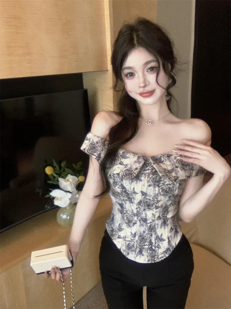 Rose Ink Painting Hollow Shoulder Crop Top Elegant Cropped Shirt Blouse fairycore 2000s grunge y2k korean aesthetic cloth blusas