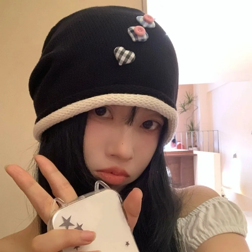 

Модная винтажная мешковатая кепка Y2k с завитыми полями, свободные вязаные шапочки, универсальный пуловер с пуговицами в форме сердца, женские шапки