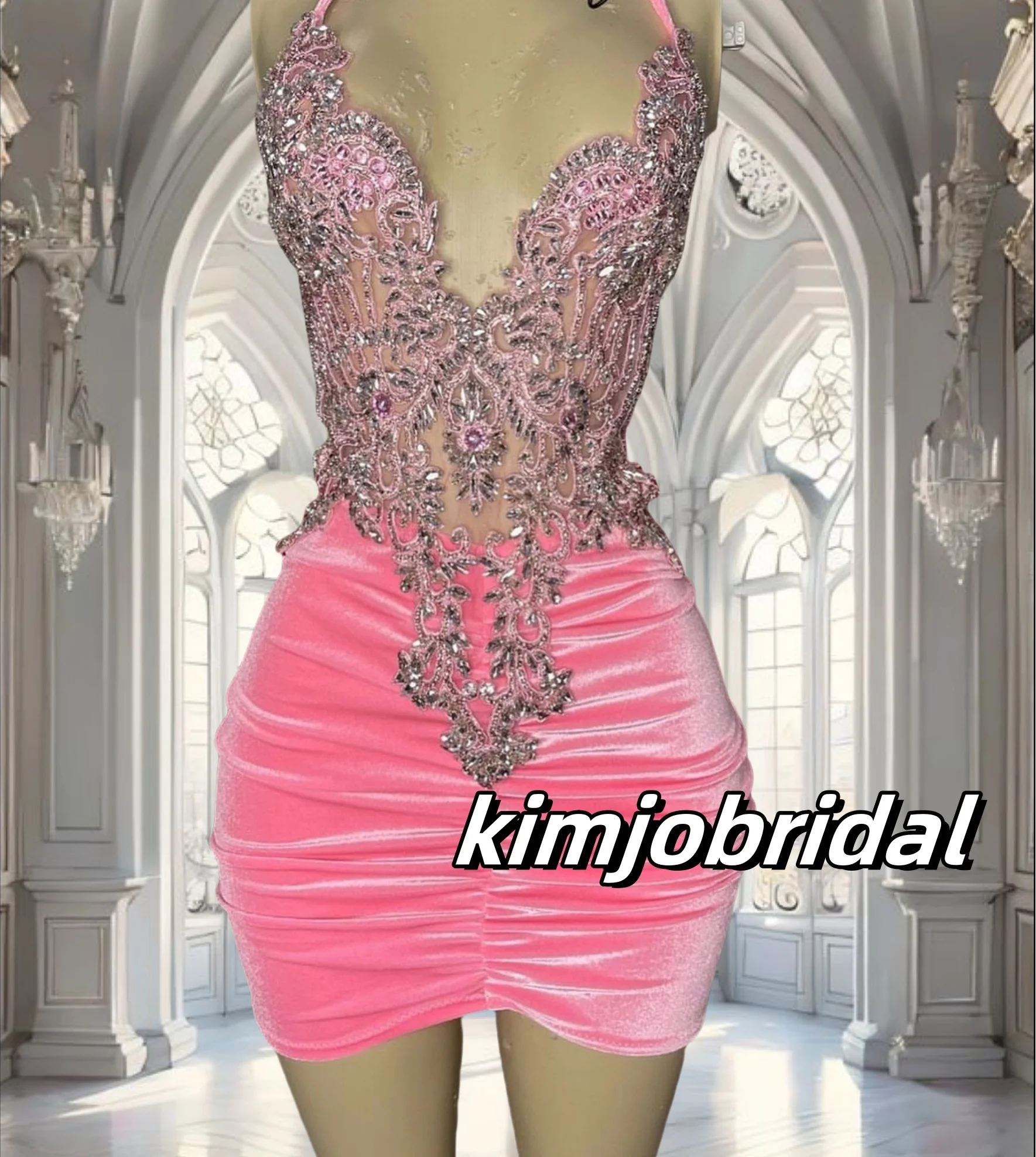 Pink Sheath Lace Appliques Prom Dresses Short for Girls 2025 Halter Neckline Beading Crystal Mini Prom Dresses