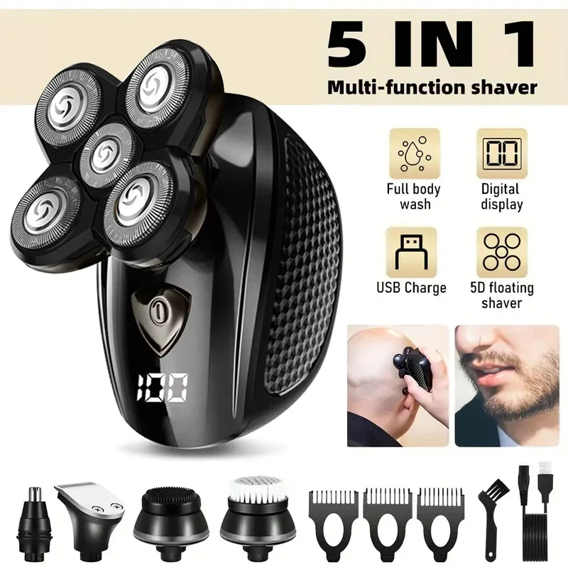 5-in-1 Electric Razor IPX7 Waterproof for Bald Men, Wet/Dry LED Display Rechargeable 5D Rotary Shaver Grooming Kit Head Shavers