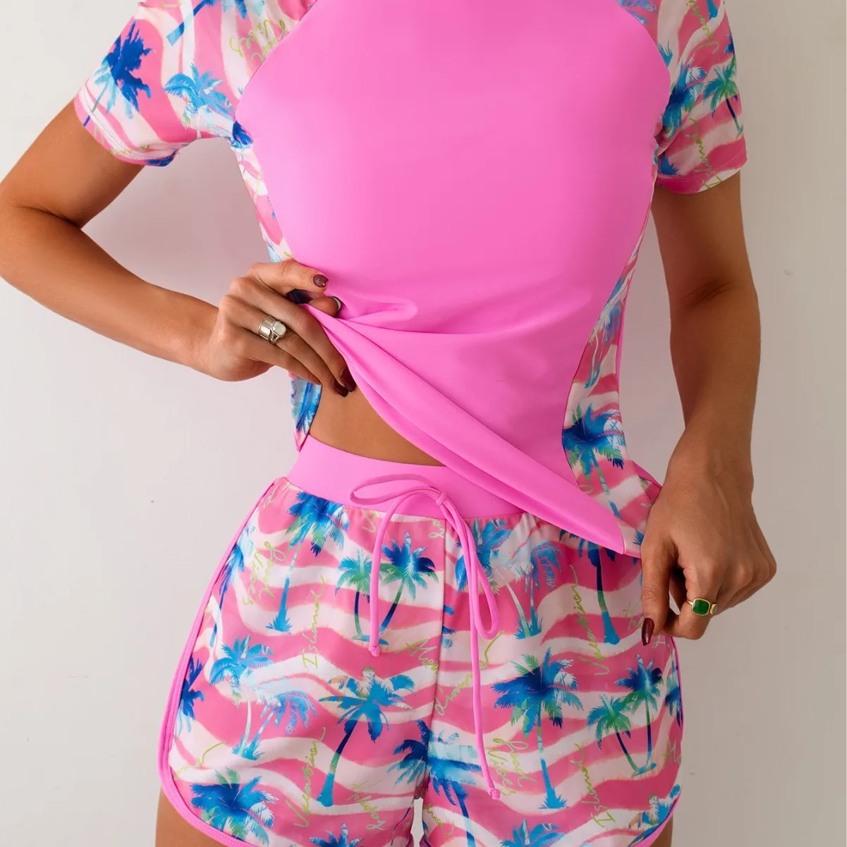Woman Tankini With Shorts Crop Tankini Top Floral Print Two Piece Swimsuit High Waist Shorts Blue Floral Swim Top Modest view 3