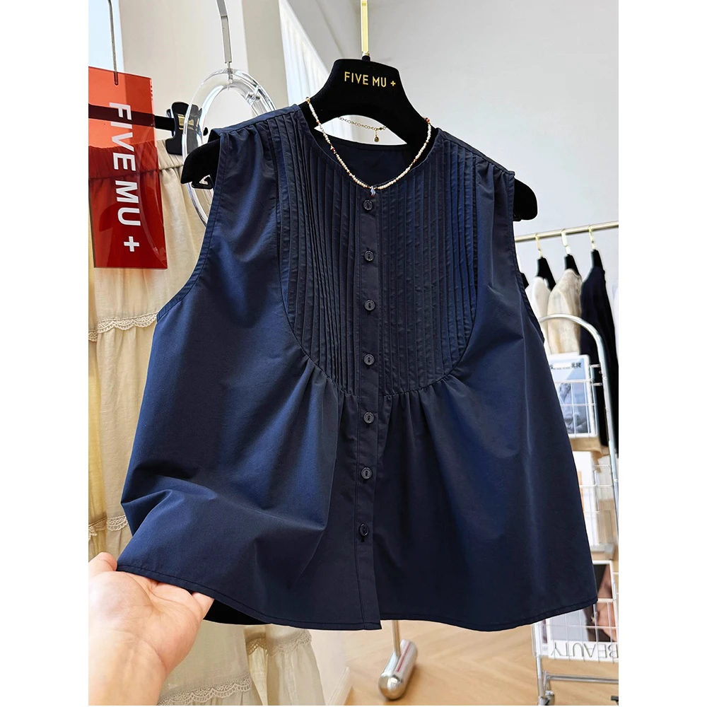 Coreano Sle rotondo Ne Svel irt Vest Top Donna Estate Anti invecchiamento Sensazione di fascia alta Pieghettato una linea Doll irt