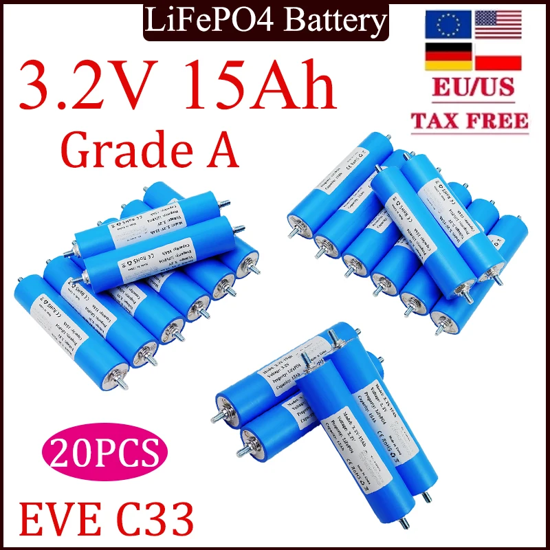 20PCS New Grade A 3.2V 15Ah Lithium Phosphate Battery for 15000mAh High Capacity C33 4S 12V Power Tools spare battery