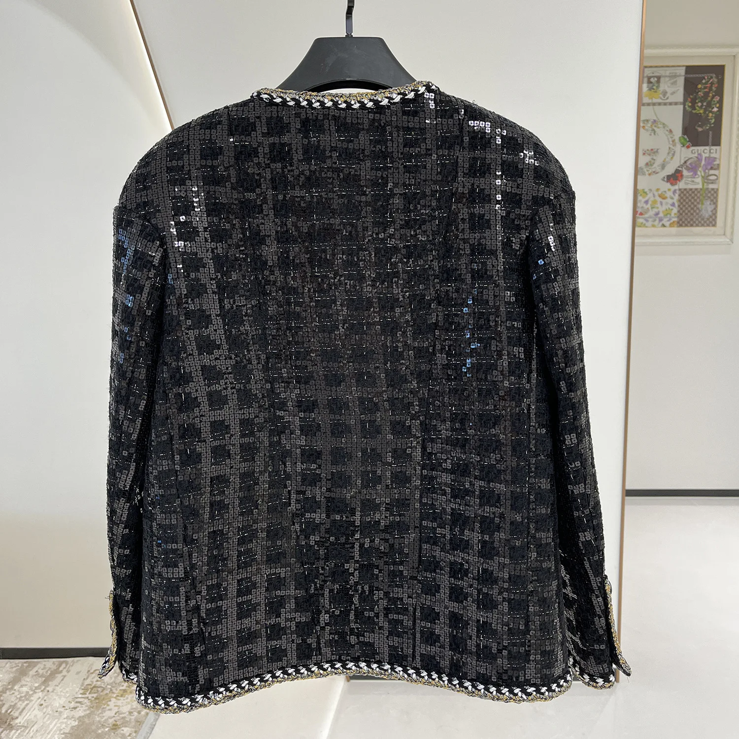 Luxury Sequins Jacket for Women, Runway Designer, Knitted Tweed, Black Plaid Coat, High Quality Outwear, Winter Clothes