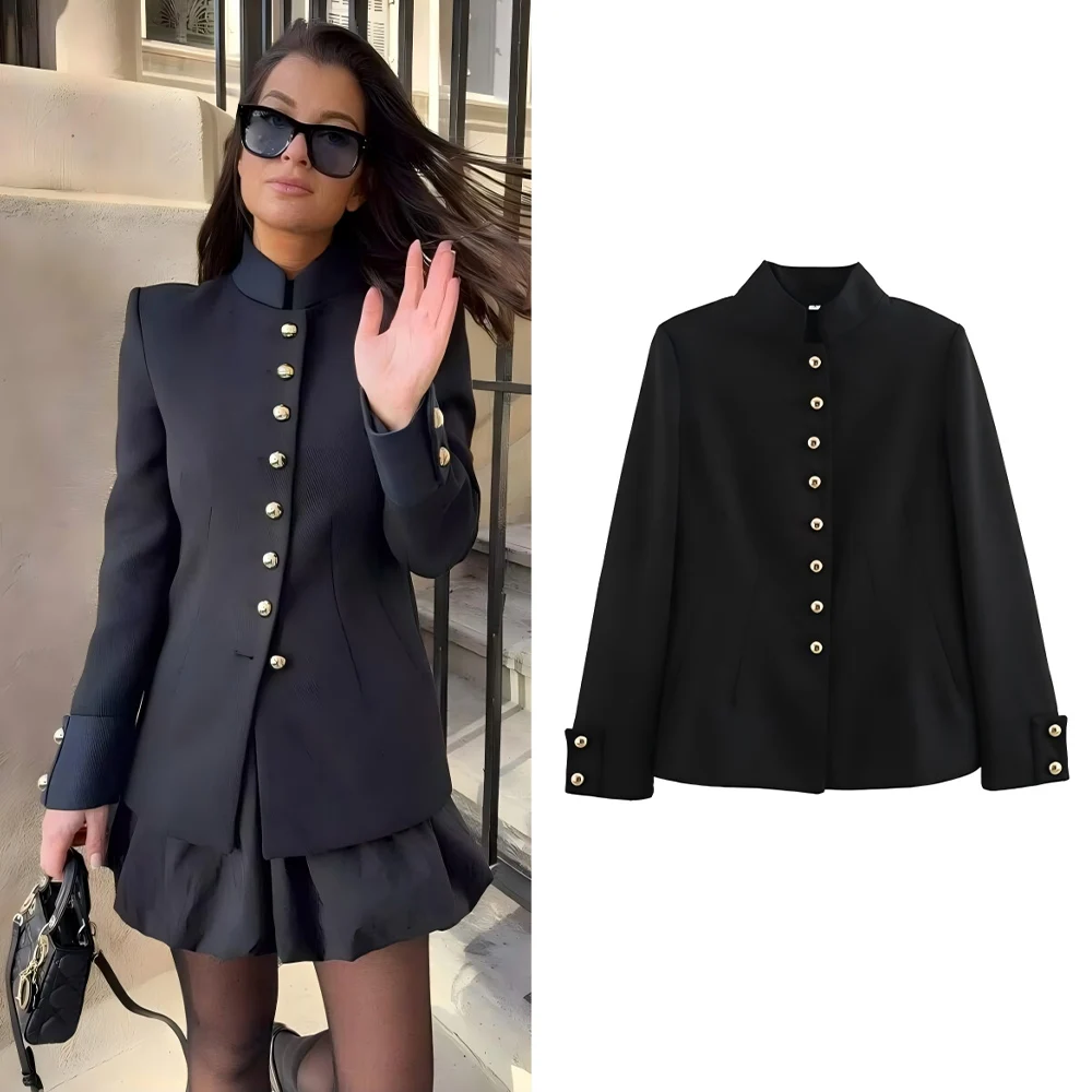 

Women's 2025 new fashion black slim single breasted stand collar suit jacket retro long sleeved women's jacket chic top