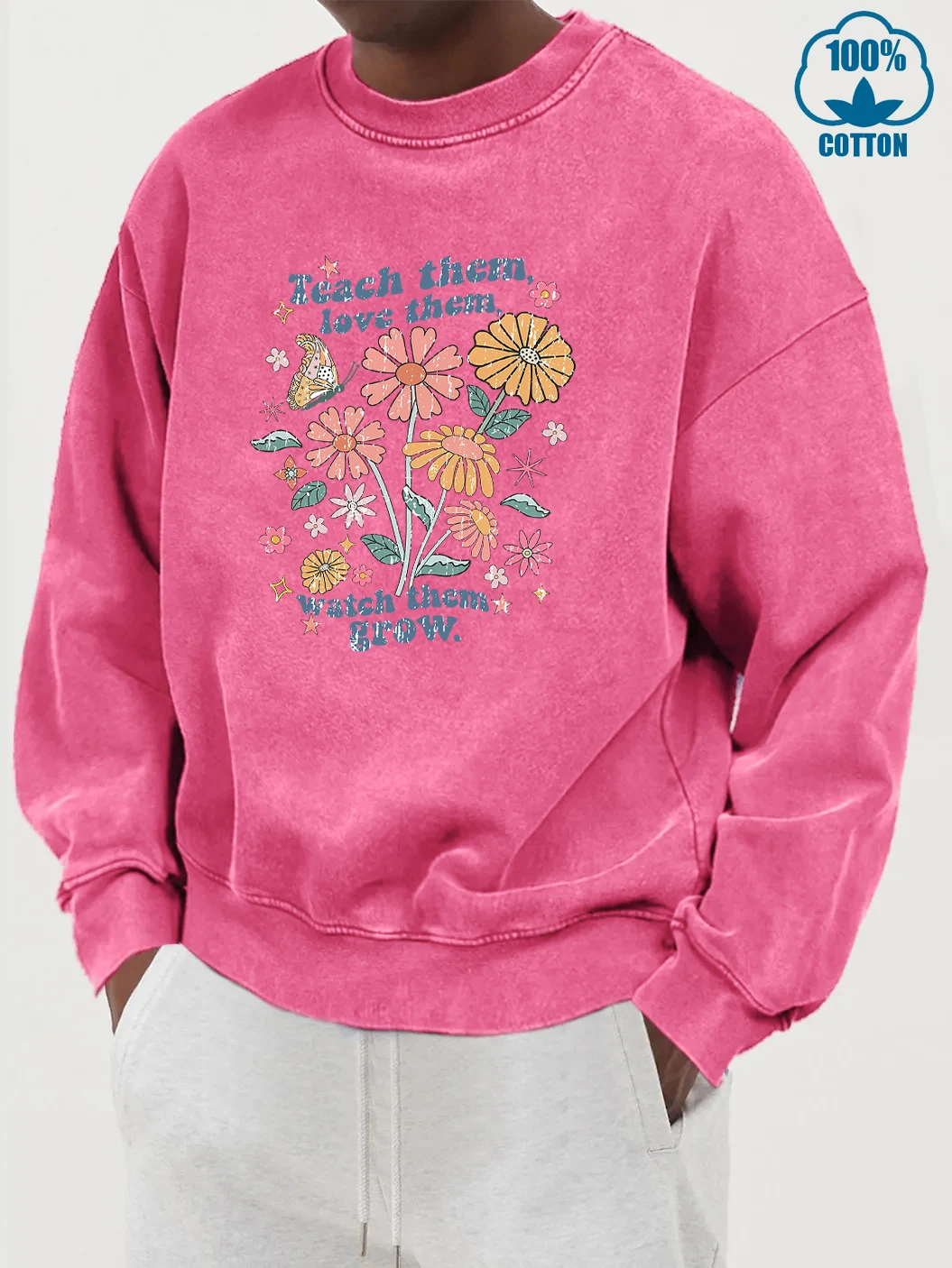 

Мужская уличная одежда из стираного хлопка Teach, Love, Watch Them Grow, осенняя толстовка с круглым вырезом, модная повседневная толстовка с капюшоном, свободный мягкий топ